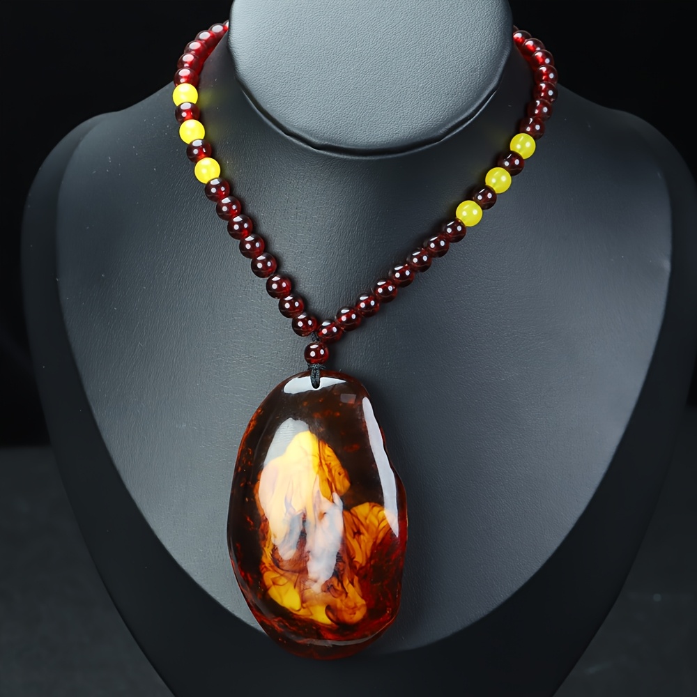 Natural Flower Amber Freeform Pendant Necklace, Vintage Style